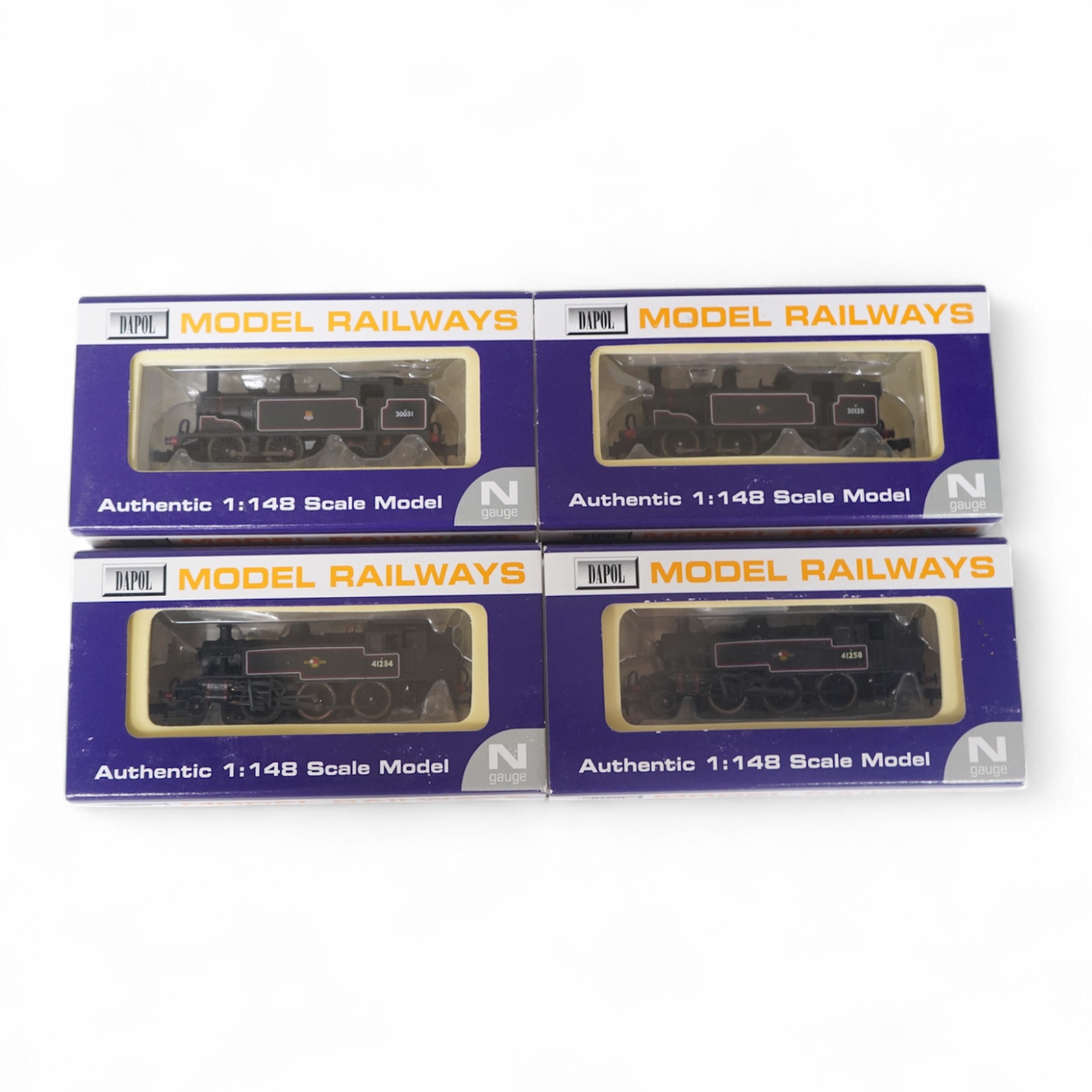Four boxed Dapol N gauge railway BR locomotives; two Class M7, 30031 (ND-025) and 30128 (ND-045), together with two Ivatt 2-6-2T, 41234 (ND-061A) and 41258 (ND-061B). Condition - good.